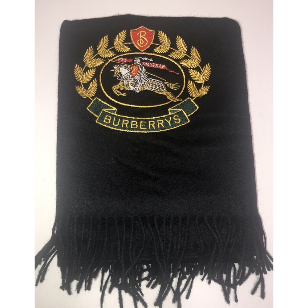 Burberry Stole Scarf Wrap Black Embroidered Crest 100% Cashmere Scotland NEW - Picture 2 of 11
